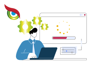 Illustration eines Sytemadministrators beim Hochladen eines Updates